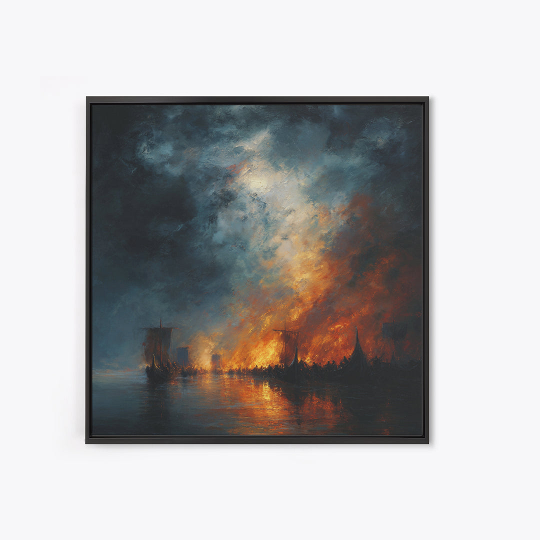 Burning Harbor Ships At Night Wall Art, Moody Seascape Painting, Dramatic Ocean Canvas Art, Dark Coastal Living Room Decor