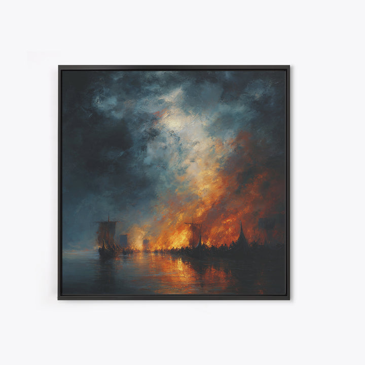 Burning Harbor Ships At Night Wall Art, Moody Seascape Painting, Dramatic Ocean Canvas Art, Dark Coastal Living Room Decor
