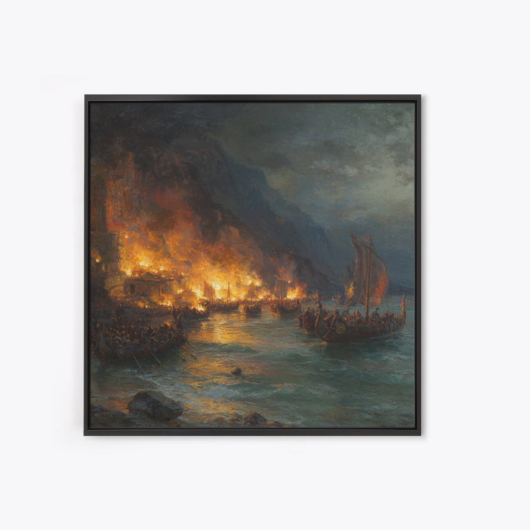 Burning Harbor With Viking Longships Framed Canvas Print, Seascape Art, Historical Wall Art, Dark Nautical Decor, Man Cave Decor