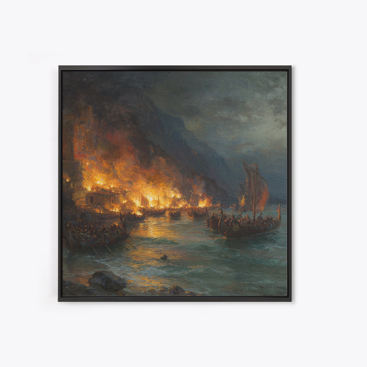 Burning Harbor With Viking Longships Framed Canvas Print, Seascape Art, Historical Wall Art, Dark Nautical Decor, Man Cave Decor