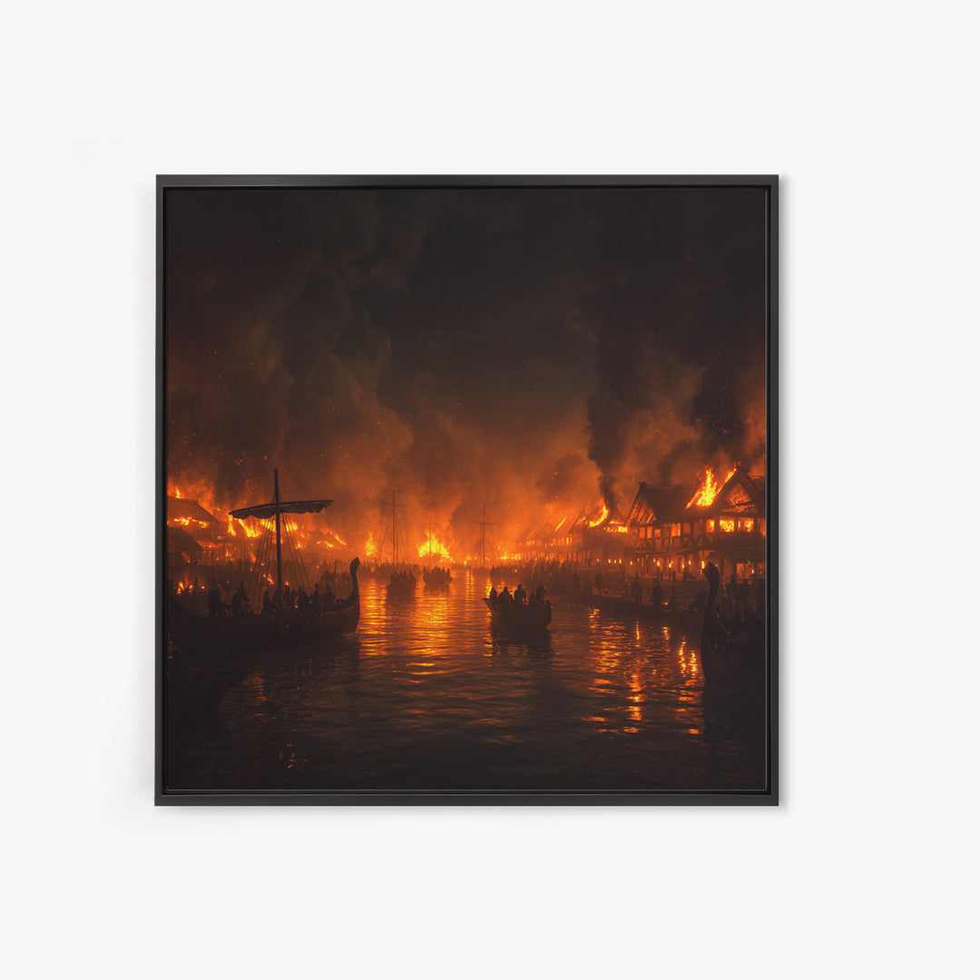 Burning Medieval Harbor And Viking Ships Wall Art, Dark Fantasy Fire Painting, Dramatic Historical Canvas Home Decor, Luxury Wall Decor