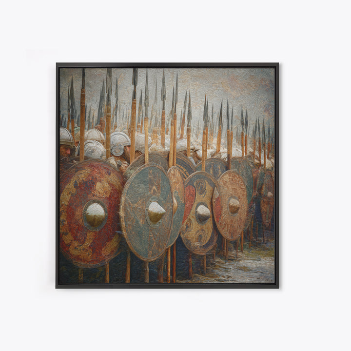 Ancient Shield Wall With Spears Canvas Print, Greek Hoplite Army Wall Art, Historical Battle Decor, Textured Oil Painting