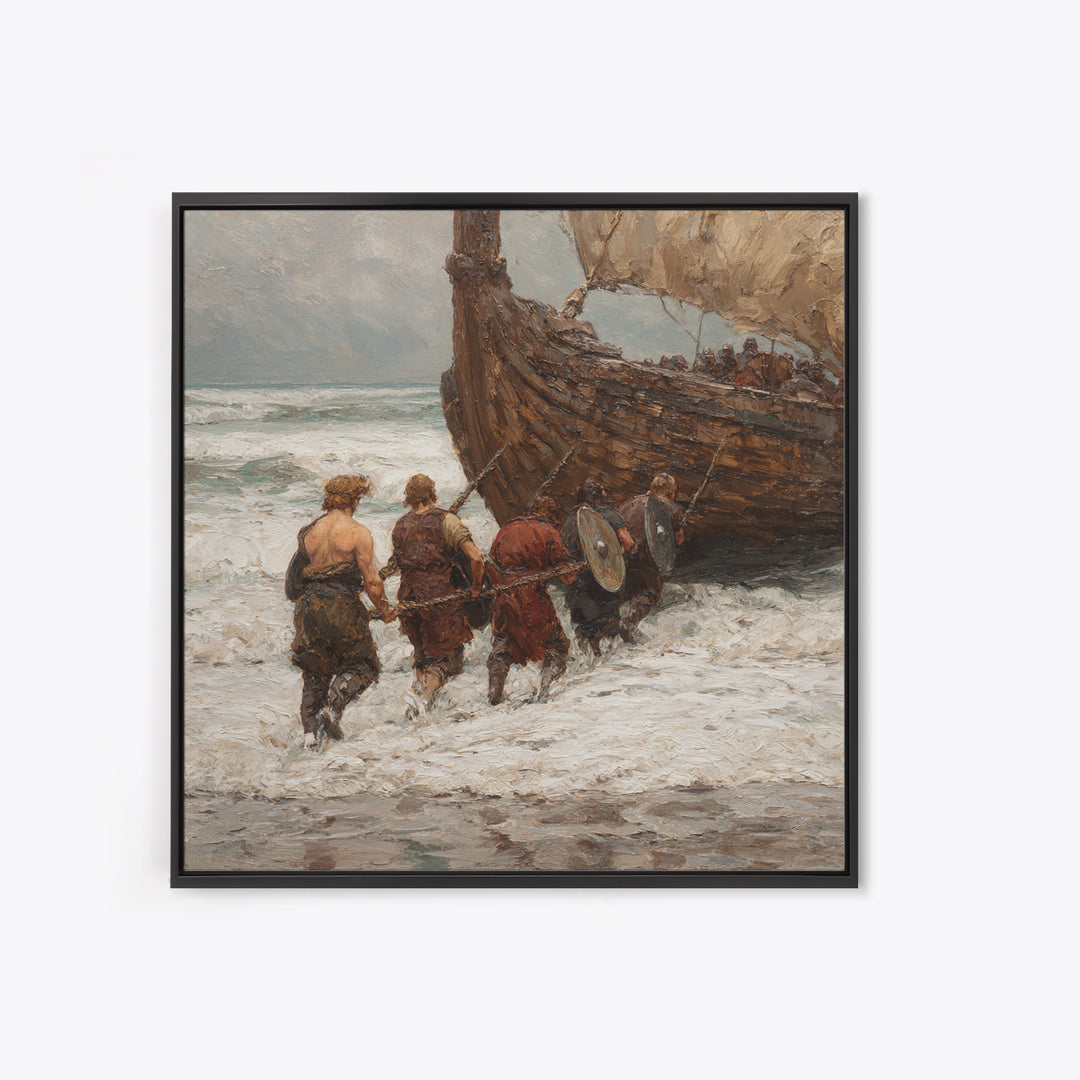 Viking Longship Landing On Stormy Shore Canvas Print, Norse Seascape Oil Painting, Nautical Coastal Wall Decor For Living Room
