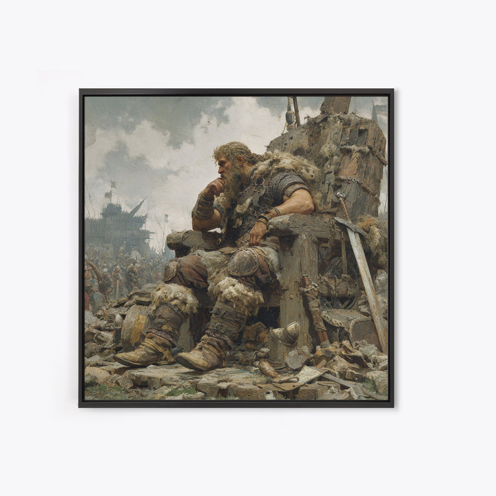Viking Chieftain On Ruined Throne Framed Canvas Print, Norse Warrior Oil Painting, Rustic Medieval Wall Decor, Gift For Him