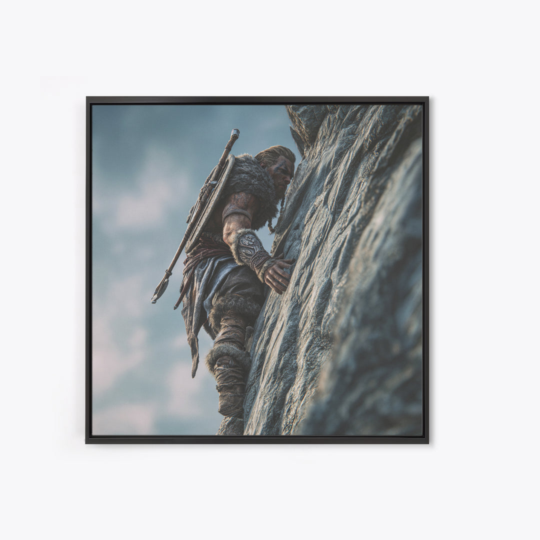 Viking Cliff Climber Warrior Wall Art, Norse Fantasy Canvas Print, Adventure Decor, Mountain Artwork, Gift For Him, Rustic Home Decor