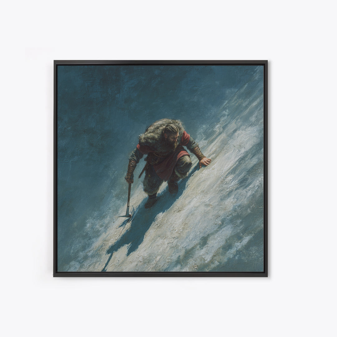 Lone Viking Climbing Icy Mountain Wall Art, Nordic Warrior Oil Painting, Dark Adventure Landscape Office Decor Gift For Him