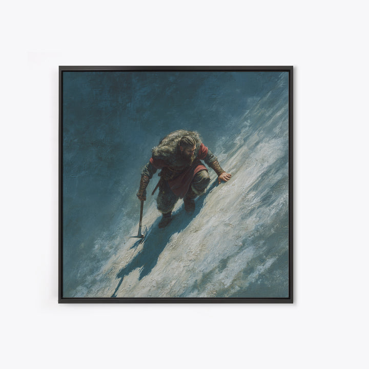 Lone Viking Climbing Icy Mountain Wall Art, Nordic Warrior Oil Painting, Dark Adventure Landscape Office Decor Gift For Him