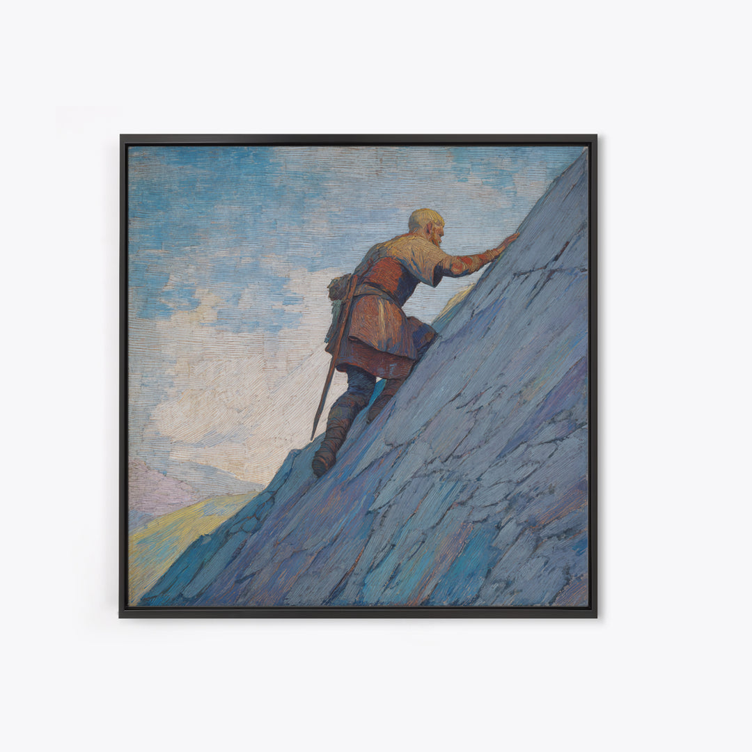 Lone Viking Climbing Icy Mountain Canvas Print, Fantasy Adventure Landscape Art, Nordic Wall Decor, Motivational Office Art
