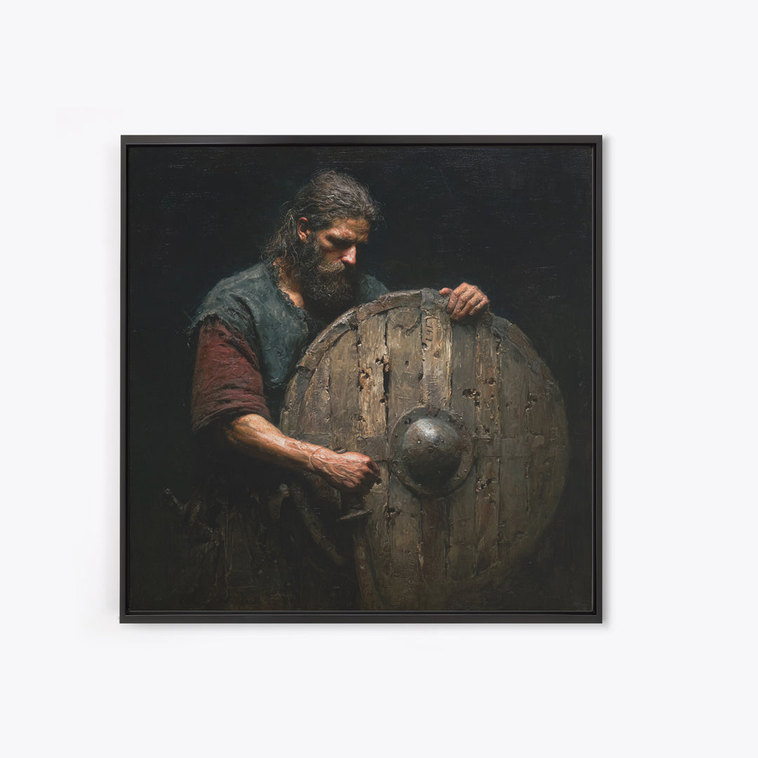Bearded Warrior Holding Weathered Wooden Shield Canvas Print, Rustic Wall Art, Viking Art, Dark Academia Decor, Gift For Him