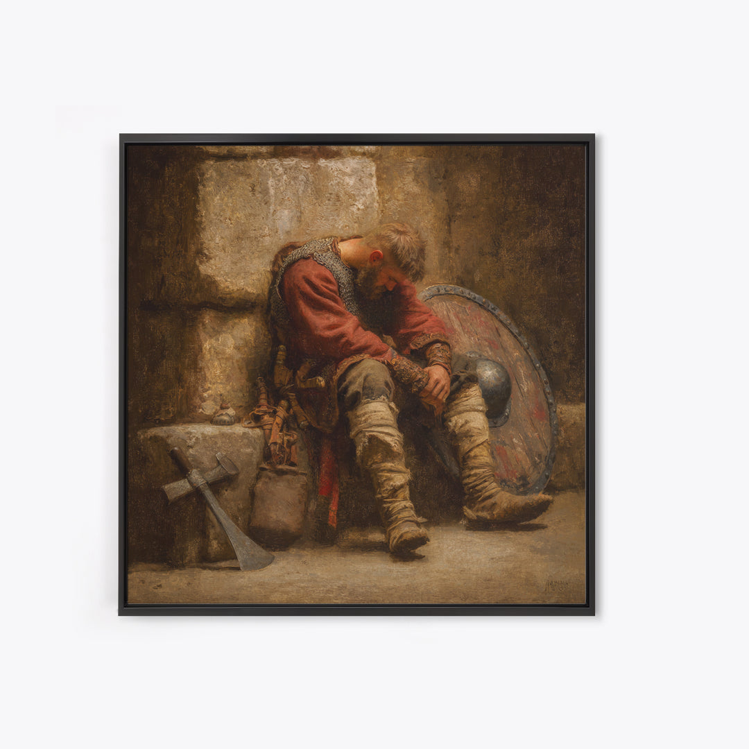 Exhausted Viking Warrior Wall Art, Medieval Shield And Axe Painting, Rustic Historical Canvas Print For Man Cave And Office Decor
