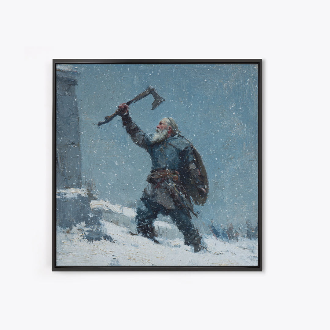 Snowy Viking Warrior Raising Axe Canvas Print, Norse Wall Art, Winter Landscape Art, Rustic Home Decor, Gift For Him, Cabin Decor