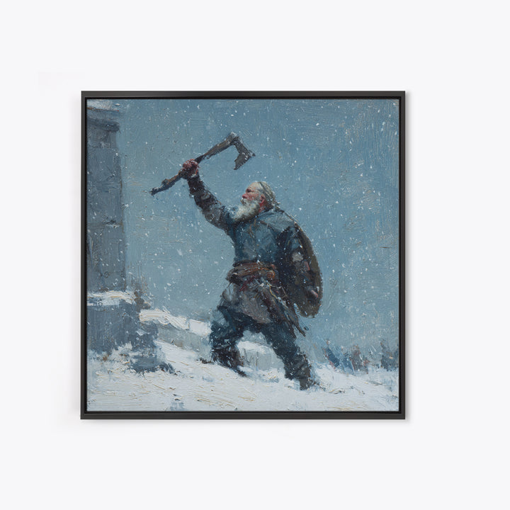 Snowy Viking Warrior Raising Axe Canvas Print, Norse Wall Art, Winter Landscape Art, Rustic Home Decor, Gift For Him, Cabin Decor