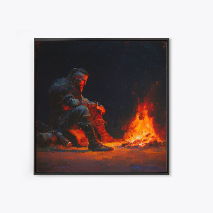 Viking Warrior Beside Fire Framed Canvas Print, Dark Fantasy Art, Nordic Wall Decor, Masculine Man Cave Office Decor Gift For Him