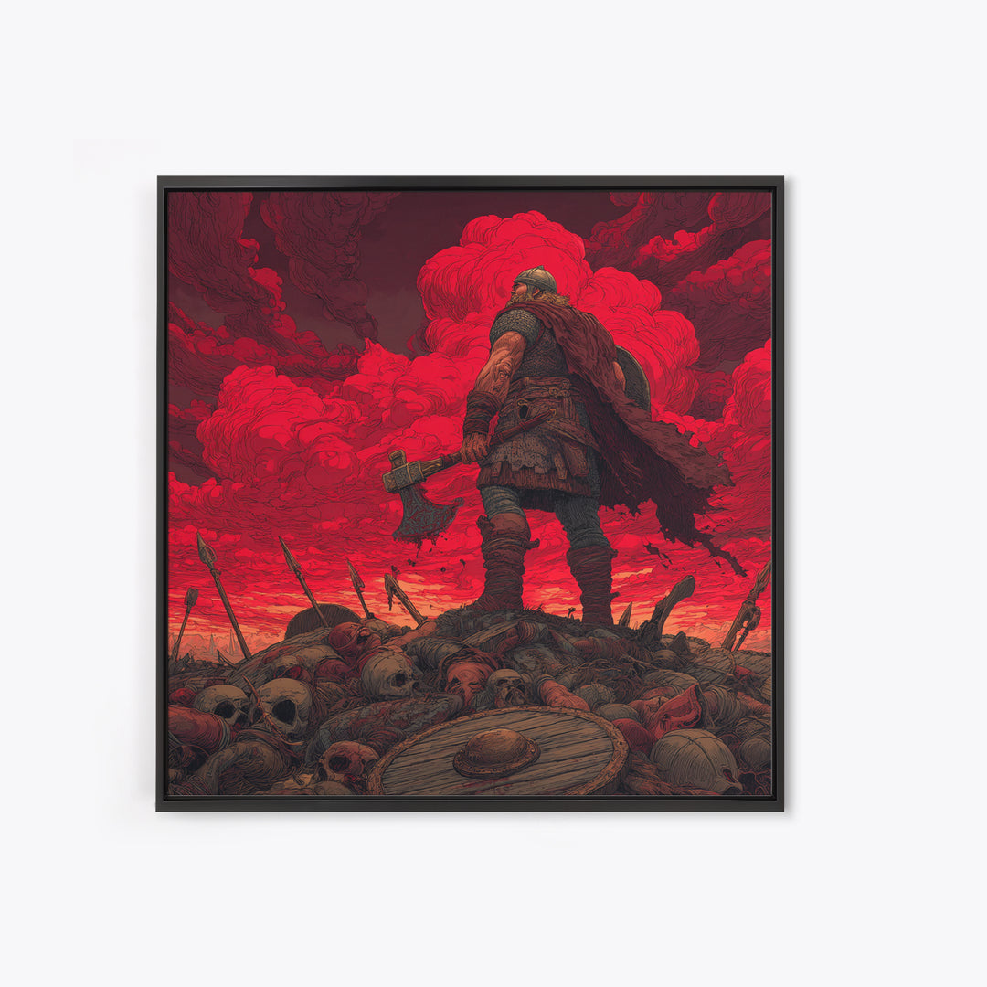 Viking Warrior On Skull Battlefield, Red Apocalypse Wall Art, Norse Fantasy Canvas Print, Dark Masculine Decor, Gift For Him