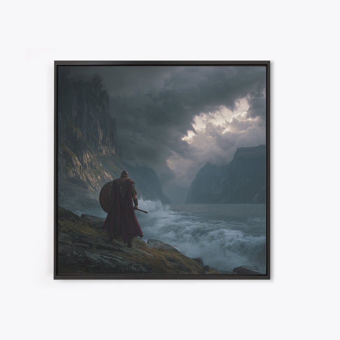 Viking Warrior Over Stormy Fjord Wall Art, Nordic Landscape Canvas Print, Moody Seascape, Nautical Decor, Gift For Him, Coastal Wall Art