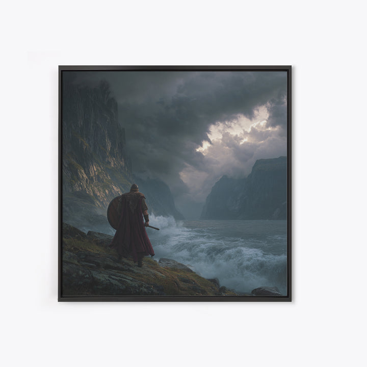 Viking Warrior Over Stormy Fjord Wall Art, Nordic Landscape Canvas Print, Moody Seascape, Nautical Decor, Gift For Him, Coastal Wall Art