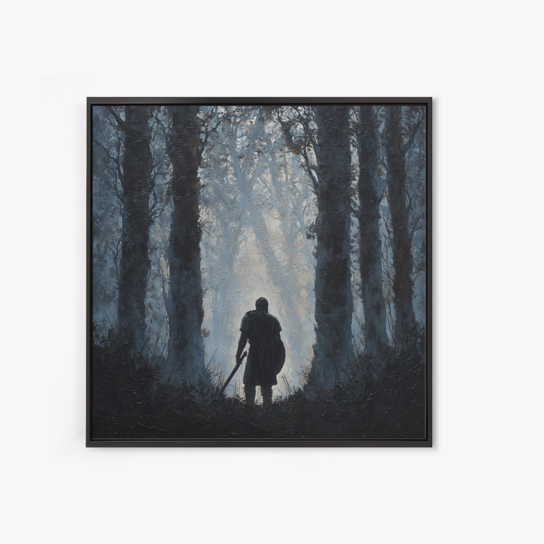Dark Warrior In Misty Forest Wall Art, Medieval Fantasy Oil Painting, Moody Landscape Print, Gothic Home Decor Gift For Him