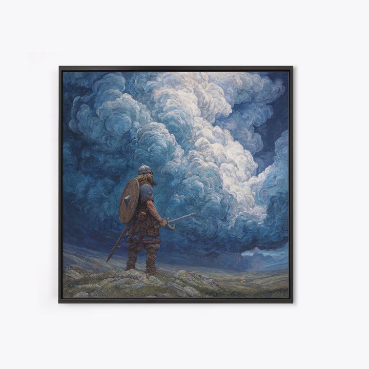 Viking Warrior Beneath Storm Clouds Wall Art, Nordic Fantasy Landscape, Dramatic Blue Canvas Print, Masculine Rustic Decor