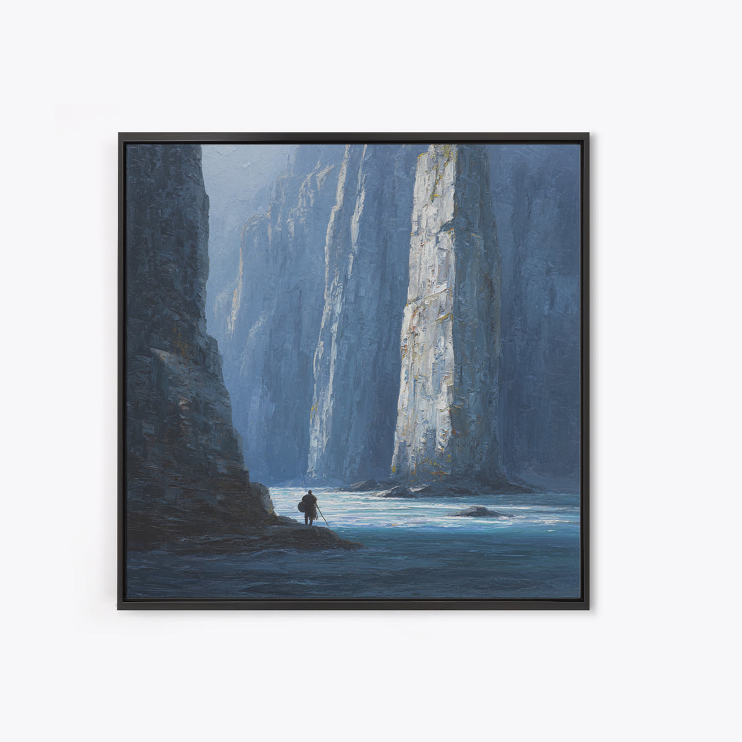Lone Traveler In Blue Canyon Canvas Print, Misty Cliff Landscape Painting, Moody Nature Wall Art For Living Room Decor Gift