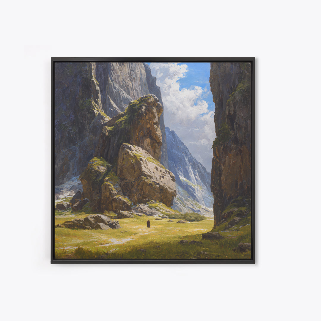 Majestic Alpine Canyon With Lone Traveler Wall Art, Mountain Landscape Painting, Nature Canvas Decor, Large Living Room Art
