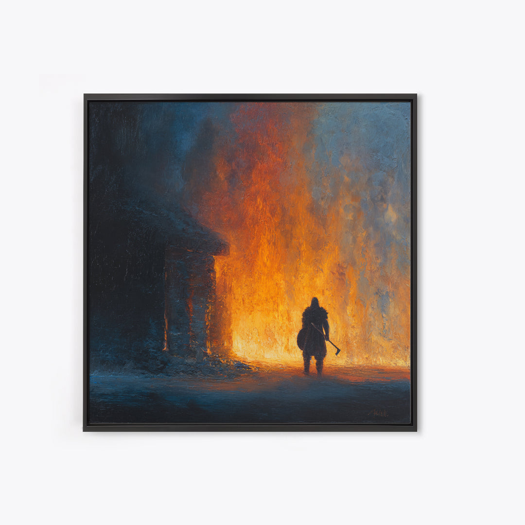 Lone Warrior Before Blazing Hall Wall Art, Dark Fantasy Fire Painting, Medieval Battle Decor, Moody Canvas Art Gift For Him