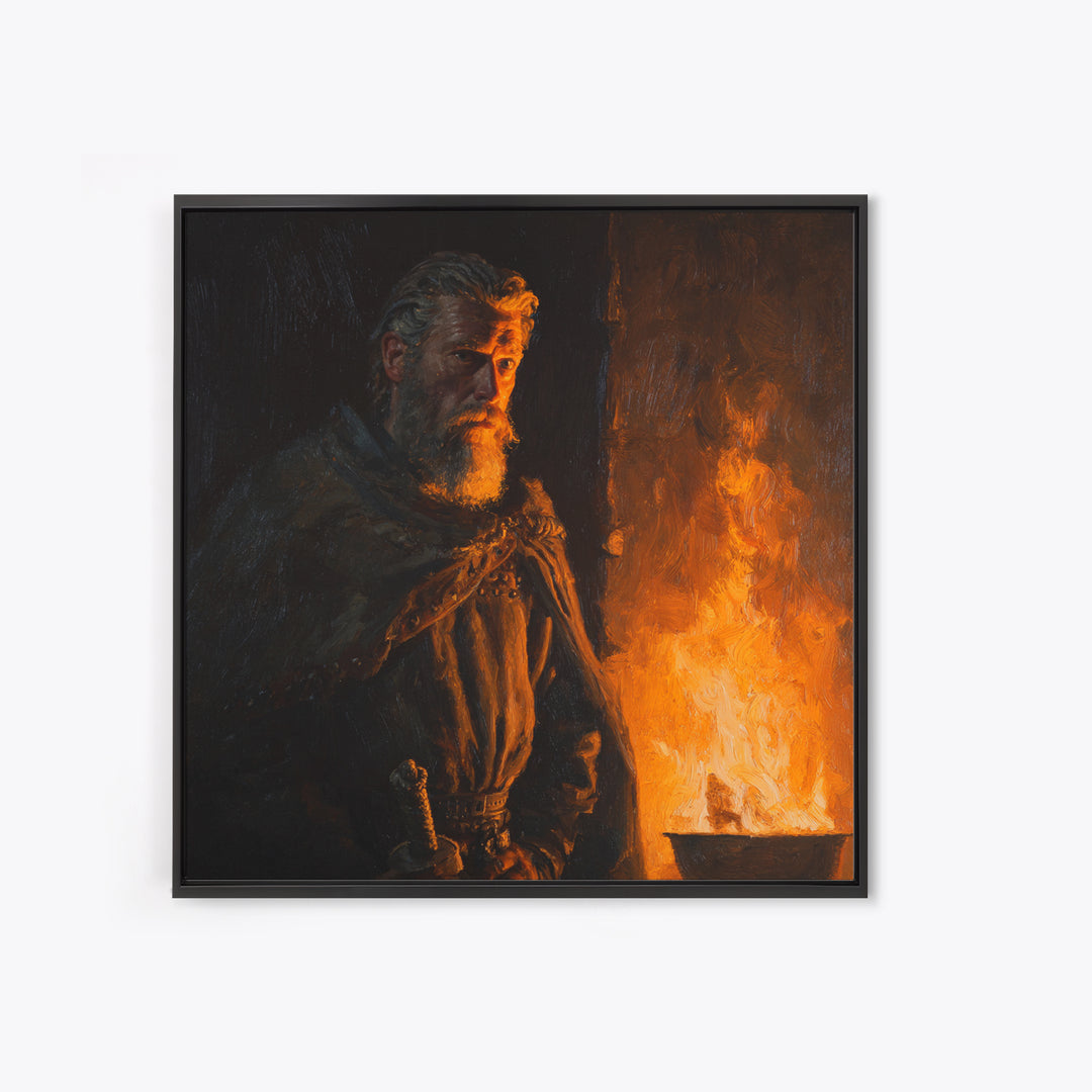 Bearded Viking By Firelight, Moody Warrior Portrait Wall Art, Norse Framed Canvas Print, Rustic Masculine Decor, Gift For Him