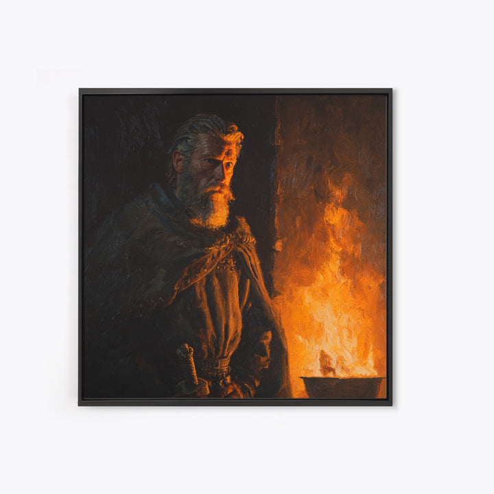 Bearded Viking By Firelight, Moody Warrior Portrait Wall Art, Norse Framed Canvas Print, Rustic Masculine Decor, Gift For Him