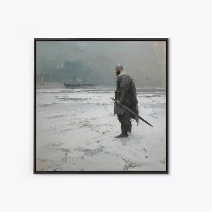 Lone Warrior With Sword In Snow Framed Canvas Print, Nordic Winter Landscape, Moody Wall Art, Dark Fantasy Office Decor Gift