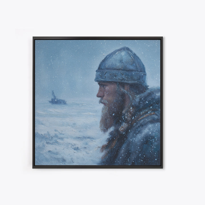 Snowy Viking Warrior Profile Wall Art, Nordic Winter Seascape Oil Painting, Norse Mythology Decor, Masculine Art Print Gift
