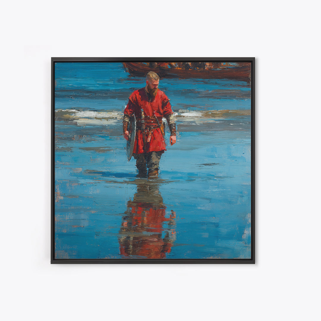 Red Viking Warrior On Shore Canvas Print, Medieval Seascape Oil Painting, Norse Wall Decor, Coastal Masculine Gift For Him