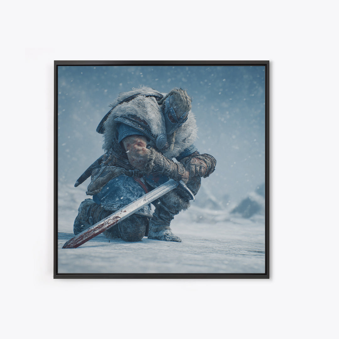 Kneeling Viking Warrior In Snow Framed Canvas Print, Nordic Wall Art, Fantasy Sword Decor, Winter Battle Gift For Him, Man Cave Decor