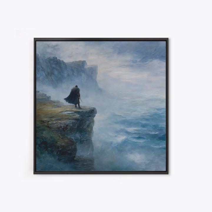 Cloaked Wanderer On Misty Sea Cliff Wall Art, Moody Coastal Landscape Oil Painting, Nordic Fantasy Home Decor For Living Room