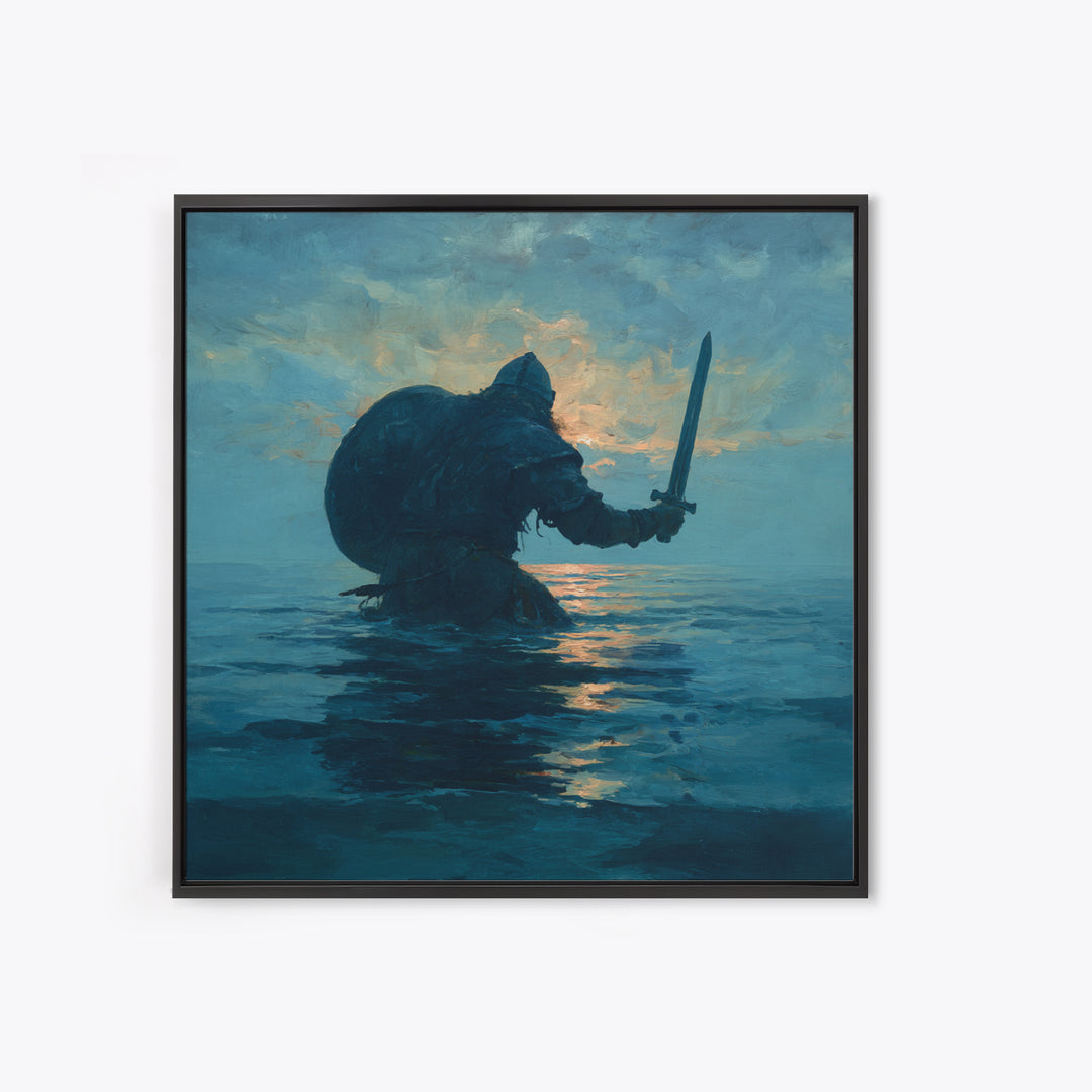 Lone Warrior Rising From The Sea Wall Art, Blue Ocean Sword Painting, Mythic Coastal Canvas Print For Dramatic Living Room Decor
