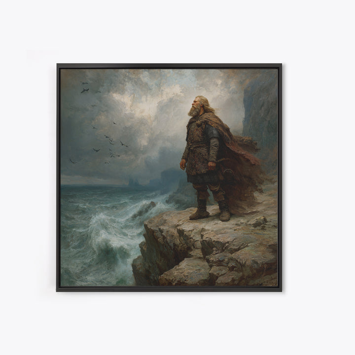 Viking Chieftain On Stormy Sea Cliff Wall Art, Moody Norse Coastal Painting, Dramatic Landscape Art, Masculine Office Decor