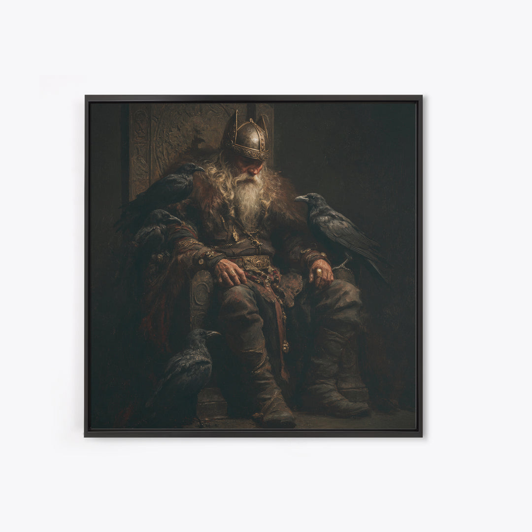 Viking King With Ravens Wall Art, Dark Academia Norse Portrait, Moody Medieval Oil Painting, Gothic Office Decor Gift For Him