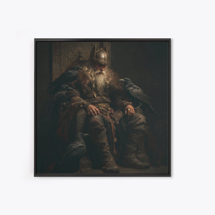 Viking King With Ravens Wall Art, Dark Academia Norse Portrait, Moody Medieval Oil Painting, Gothic Office Decor Gift For Him