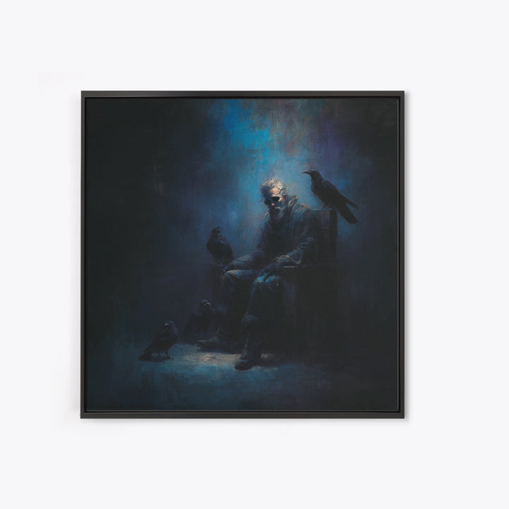 Moody Raven Keeper Portrait Framed Canvas Print, Dark Academia Wall Art, Gothic Crow Oil Painting, Mysterious Office Decor