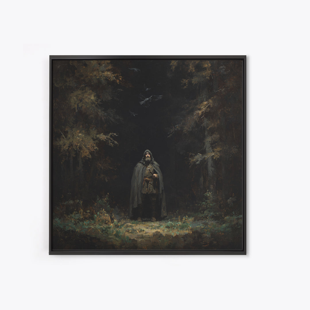 Hooded Wanderer In Dark Forest Wall Art, Raven Gothic Landscape Painting, Moody Fantasy Canvas Print For Dark Academia Decor