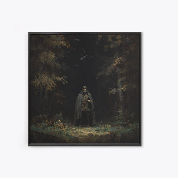Hooded Wanderer In Dark Forest Wall Art, Raven Gothic Landscape Painting, Moody Fantasy Canvas Print For Dark Academia Decor