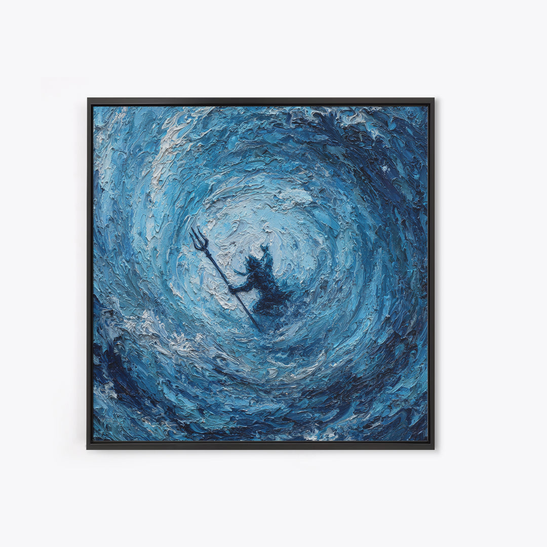 Poseidon In Blue Ocean Vortex Wall Art, Textured Impasto Canvas Print, Mythology Decor, Coastal Abstract Seascape Painting