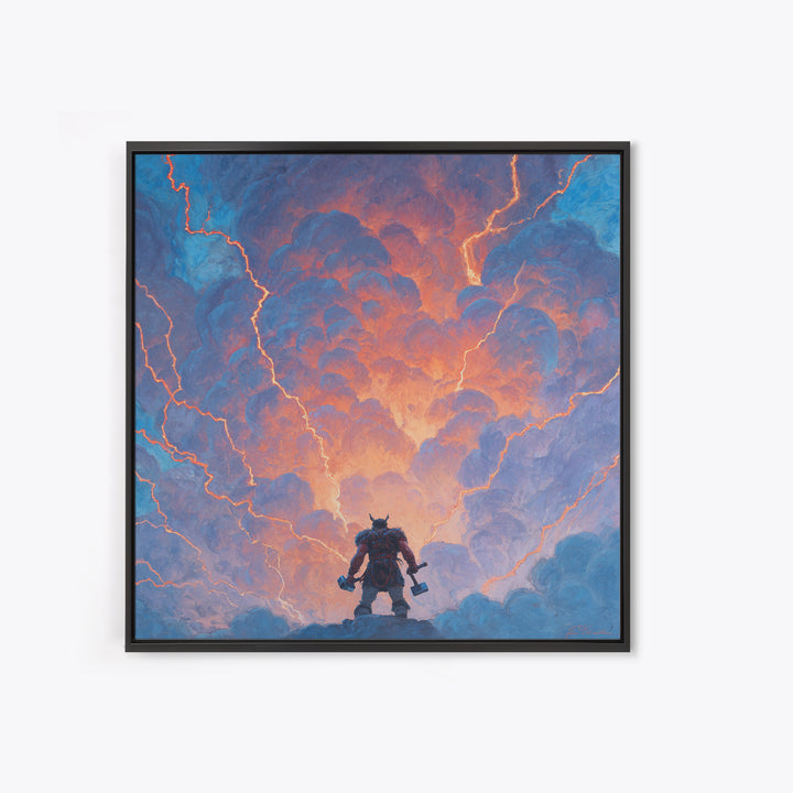 Thor Like Warrior Under Lightning Wall Art, Norse Mythology Storm Painting, Fantasy Canvas Print, Dramatic Game Room Decor