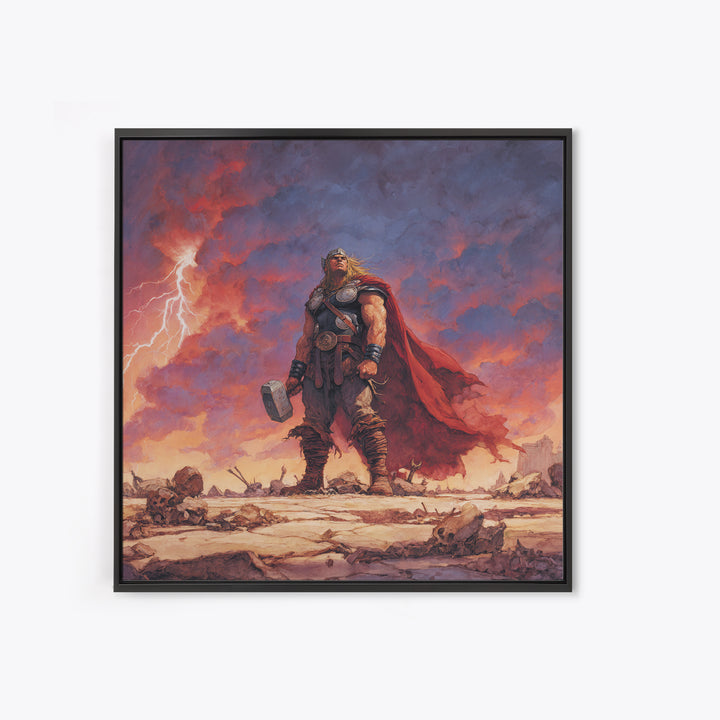 Thunder God With Hammer And Stormy Lightning Sky, Epic Viking Canvas Print, Norse Mythology Wall Art, Fantasy Warrior Decor