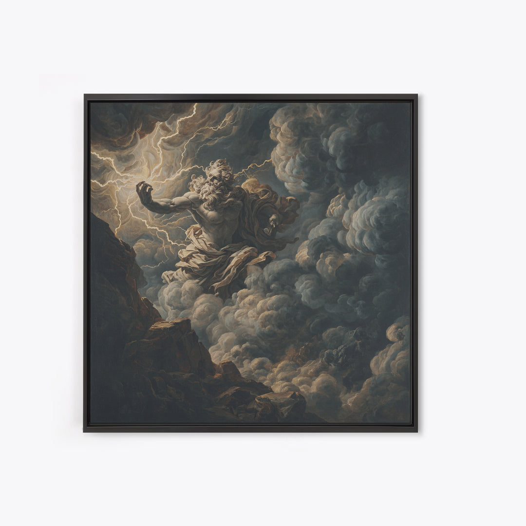 Zeus Summoning Lightning In Storm Clouds Framed Canvas Print, Mythological Art, Baroque Wall Art, Moody Dark Academia Decor