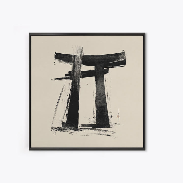 Minimalist Japanese Torii Gate Ink Painting Wall Art, Black And White Zen Decor Framed Canvas Print
