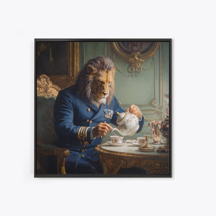 Lion Admiral Pouring Tea Wall Art, Whimsical Animal Portrait, Royal Navy Home Decor, Maximalist Canvas, Unique Gift For Him