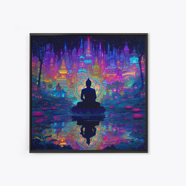 Neon Buddha Cityscape Meditation Wall Art, Spiritual Cyberpunk Canvas Print, Colorful Zen Meditation Room Decor