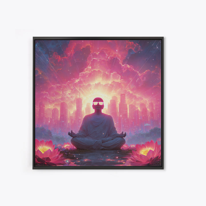 Neon Buddha Cityscape Meditation Wall Art, Psychedelic Lotus Sunset Canvas Print, Futuristic Spiritual Decor For Modern Living Room