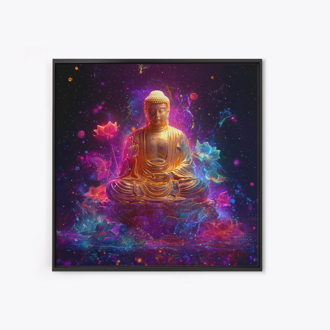 Golden Buddha In Cosmic Lotus Galaxy Wall Art, Celestial Spiritual Decor, Meditation Zen Art Print For Modern Home Decor