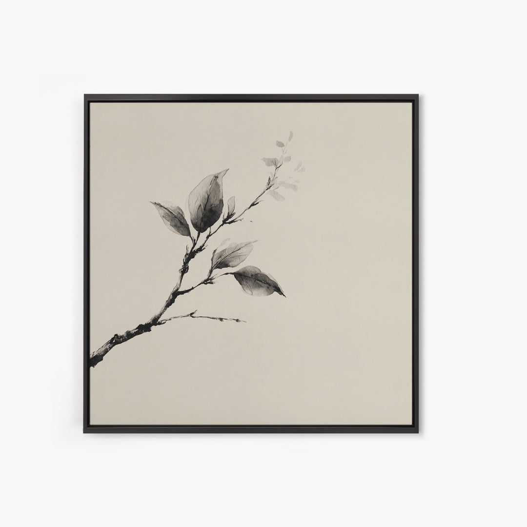 Minimal Ink Botanical Branch Wall Art, Neutral Japandi Nature Print, Calm Wabi Sabi Style Above Bed Framed Canvas Print