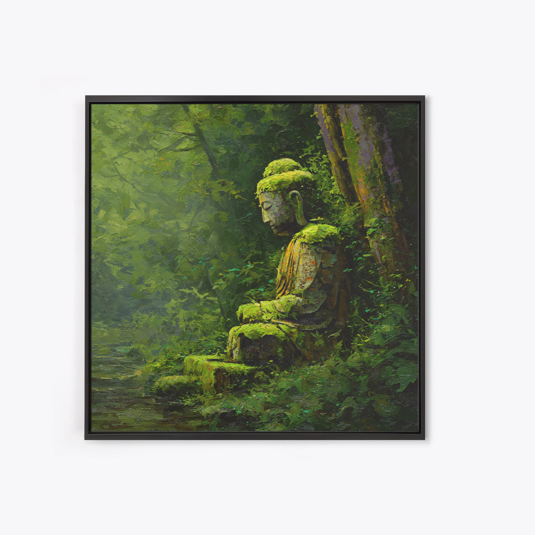 Serene Green Moss Covered Buddha Statue Wall Art Oil Painting Canvas Print For Peaceful Zen Home Decor And Meditation Room Wall